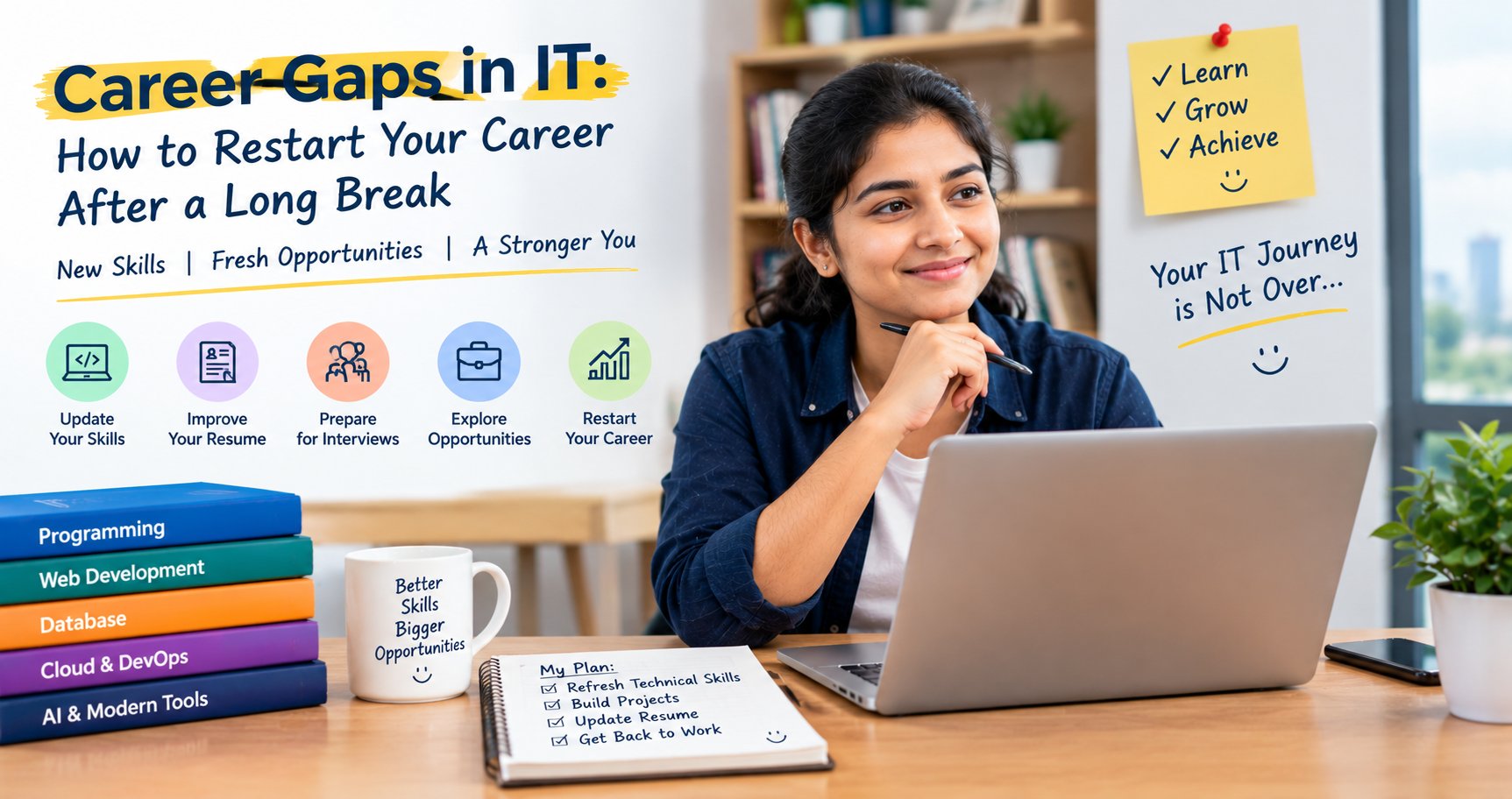 Indian IT professional restarting their career after a long break by updating technical skills and preparing for new job opportunities.